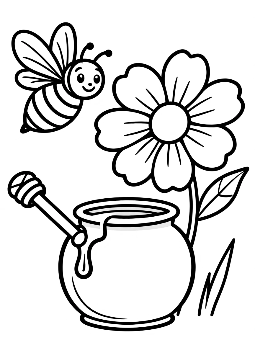 A busy bee flying to a flower with a little honey pot next to it.
