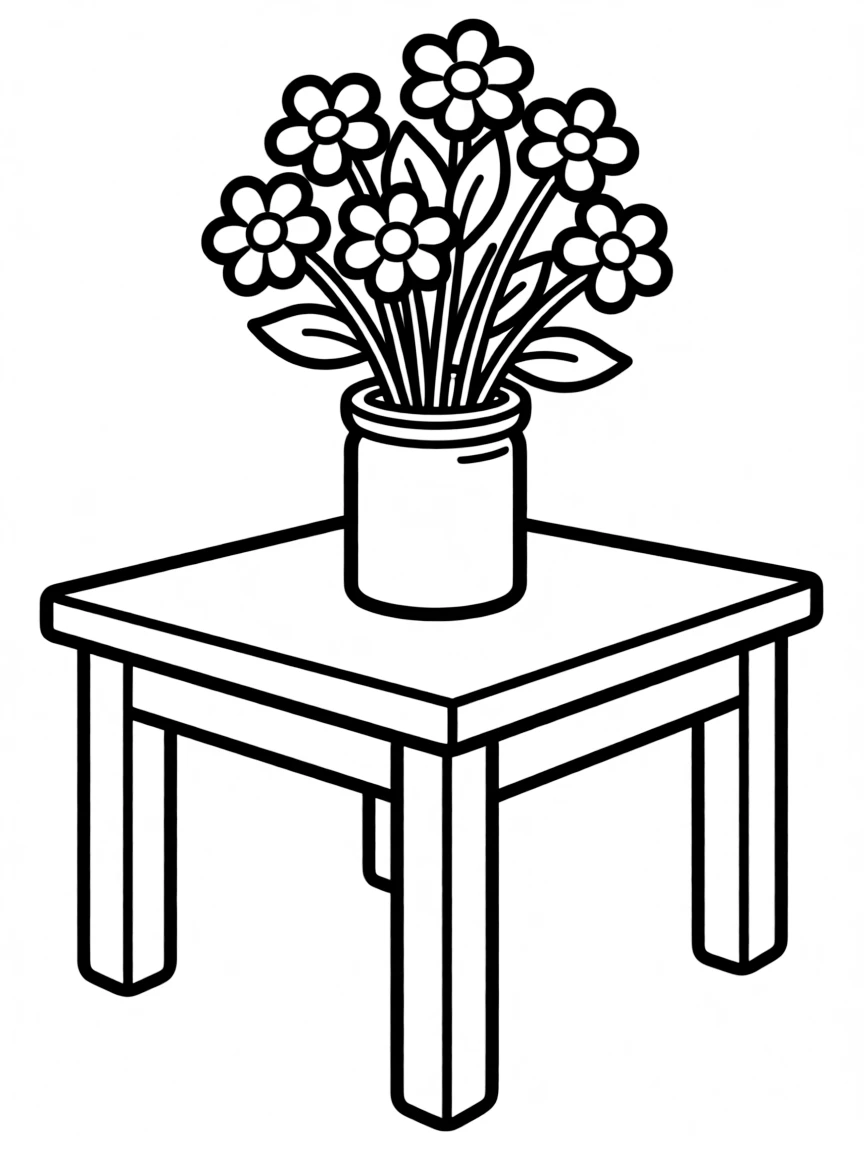 A sturdy table with a vase of flowers on top.