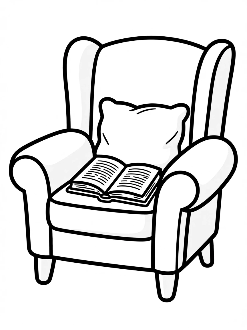 A comfy chair with a book resting on it.