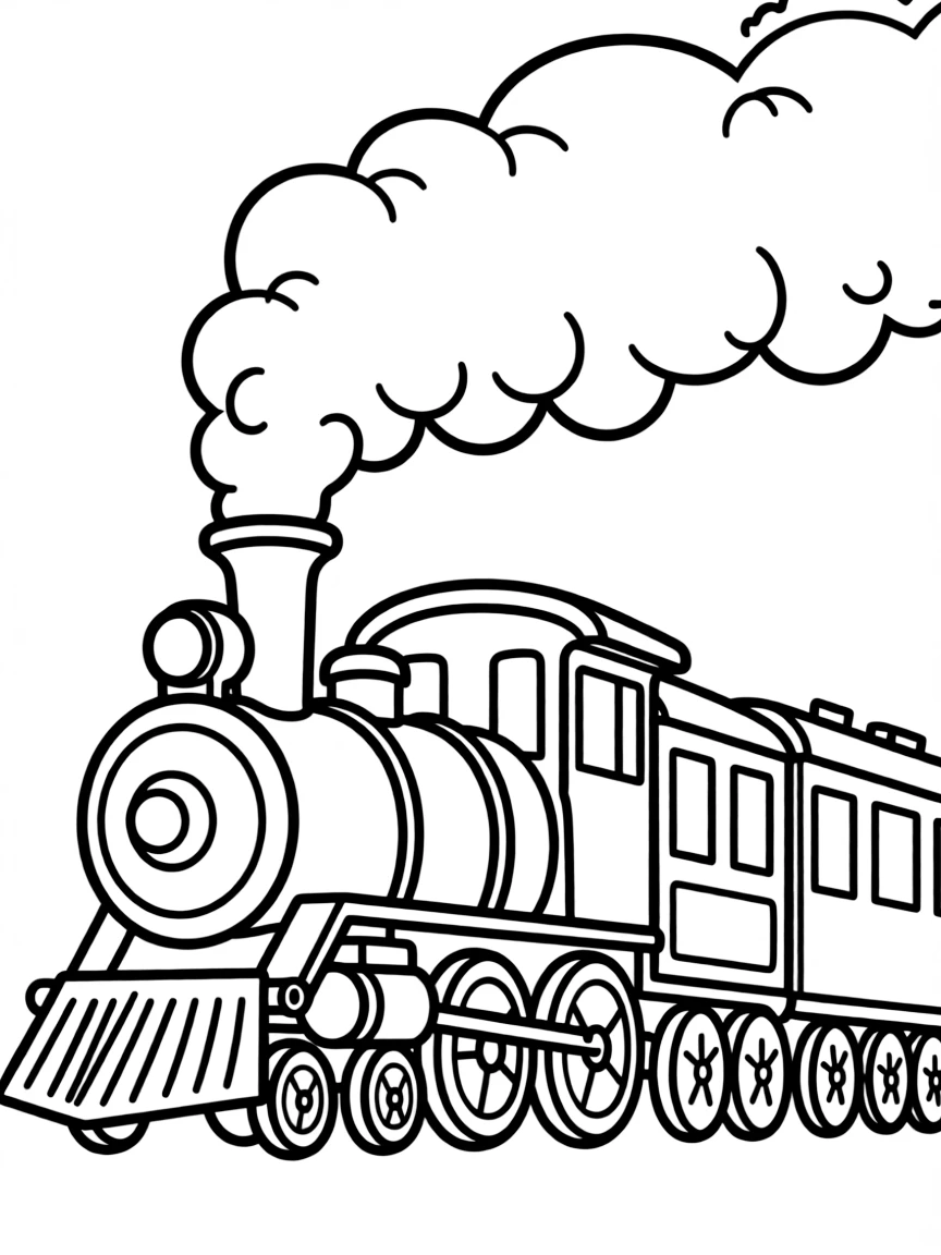 A chugging train with smoke coming out of its chimney.