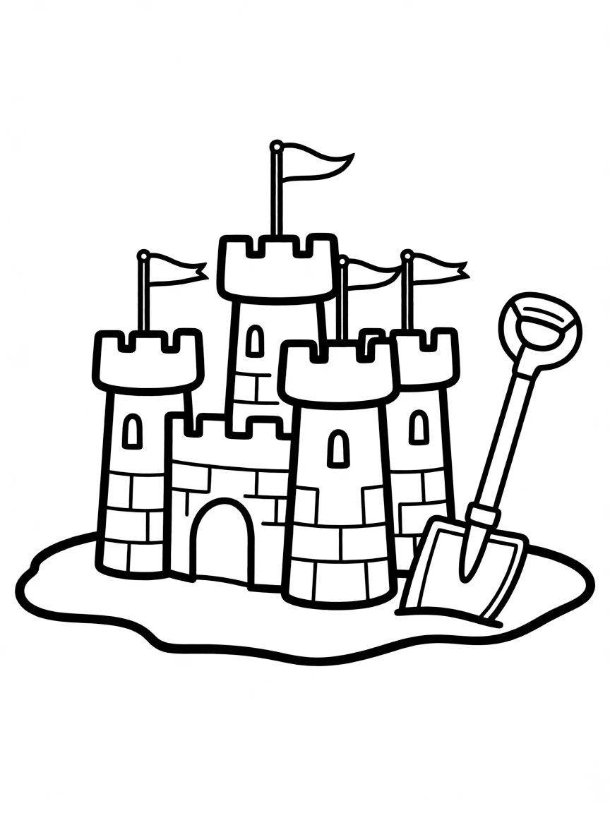 A digging shovel next to a sandcastle.