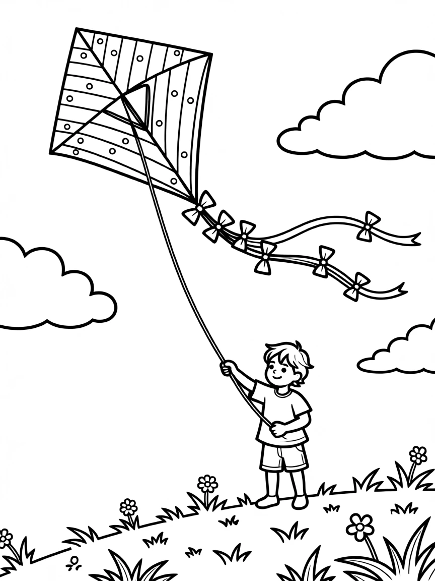 A colorful kite flying high with a long tail.
