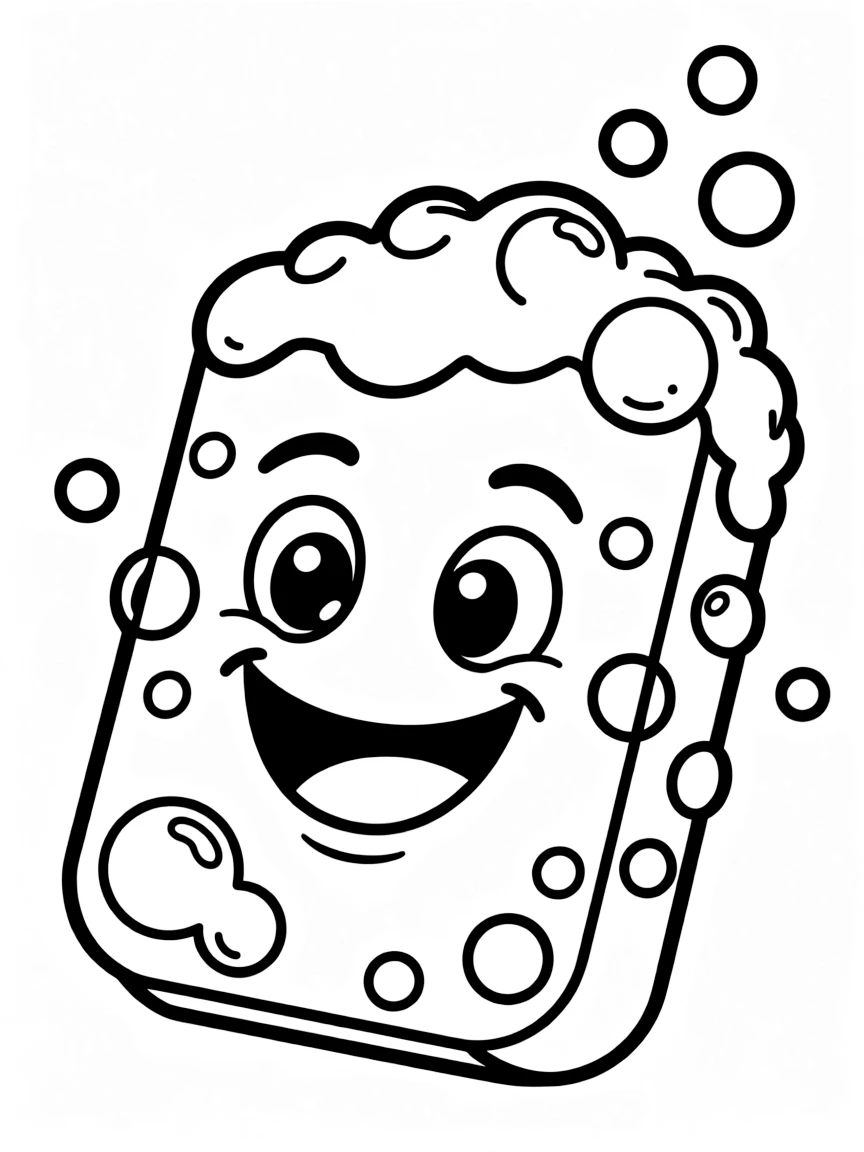 A bubbly bar of soap with a happy face.