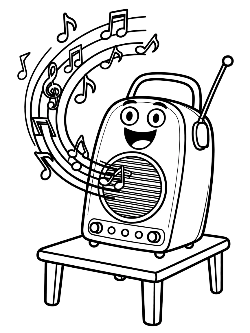 A singing radio with musical notes floating out.