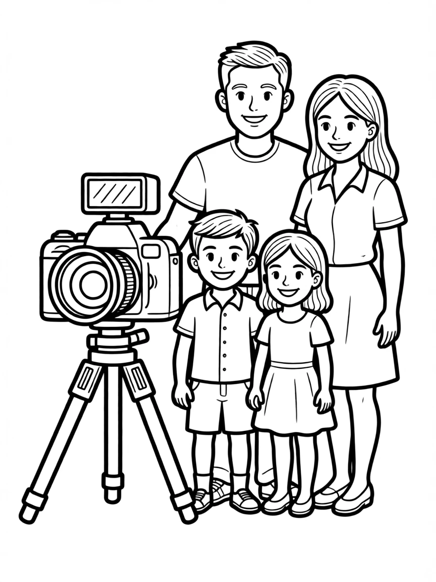 A clicking camera taking a picture of a smiling family.