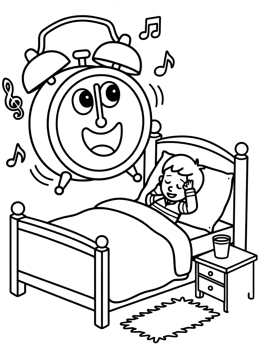 A singing alarm clock waking up a sleepy child.