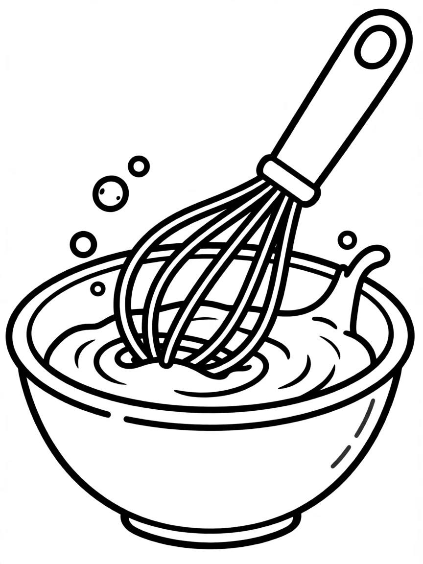 A bubbly whisk stirring batter.