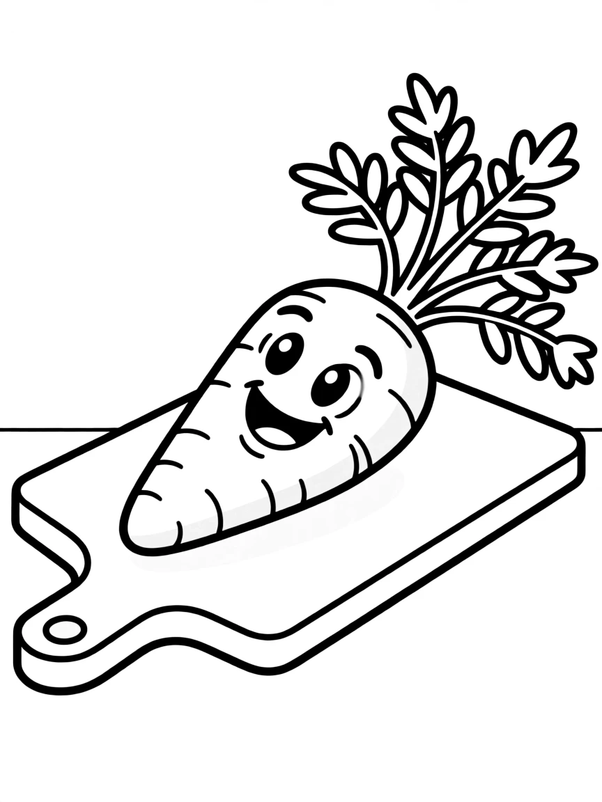 A sturdy cutting board with a happy carrot.