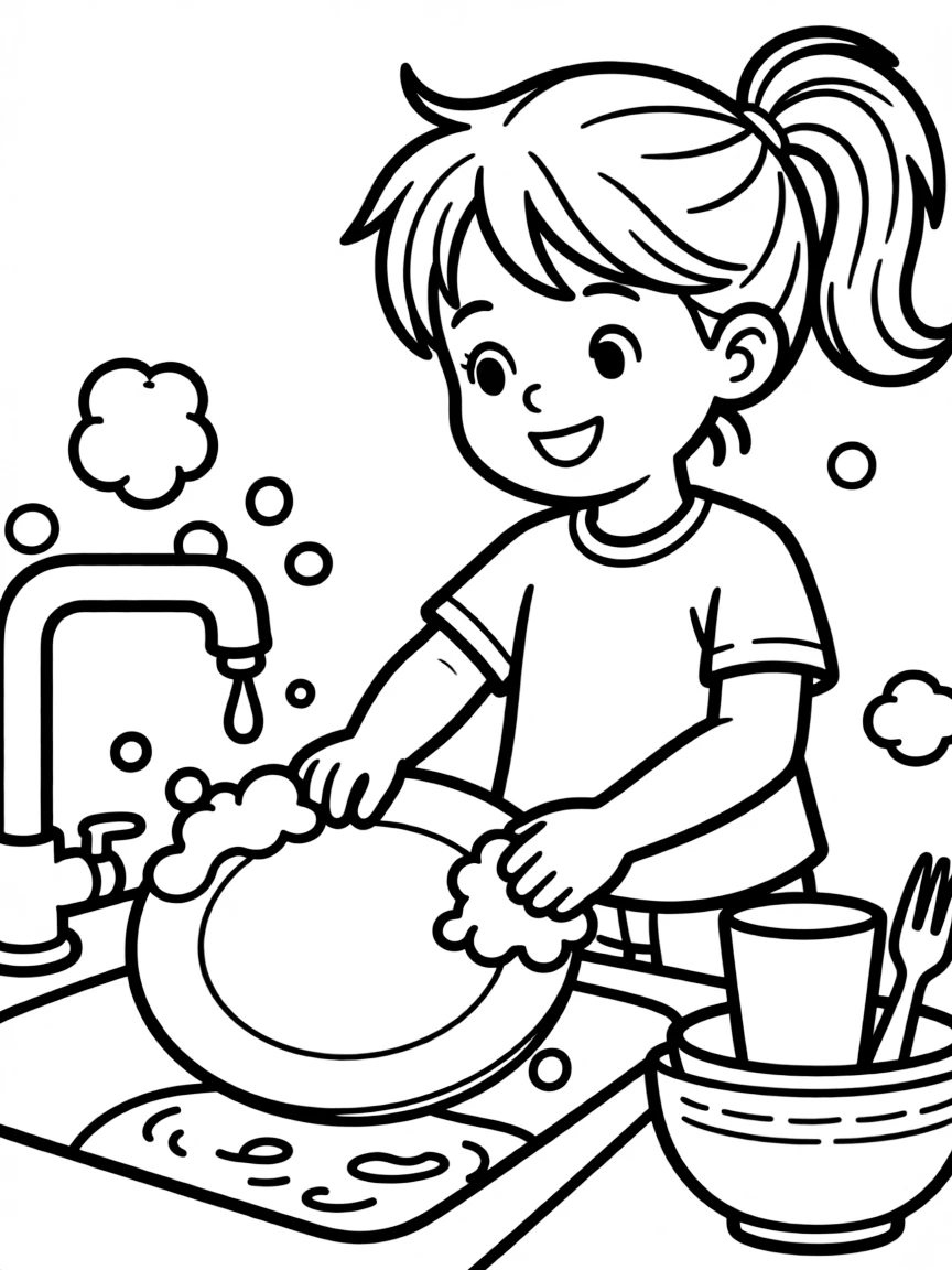 A bubbly dish brush scrubbing dishes.