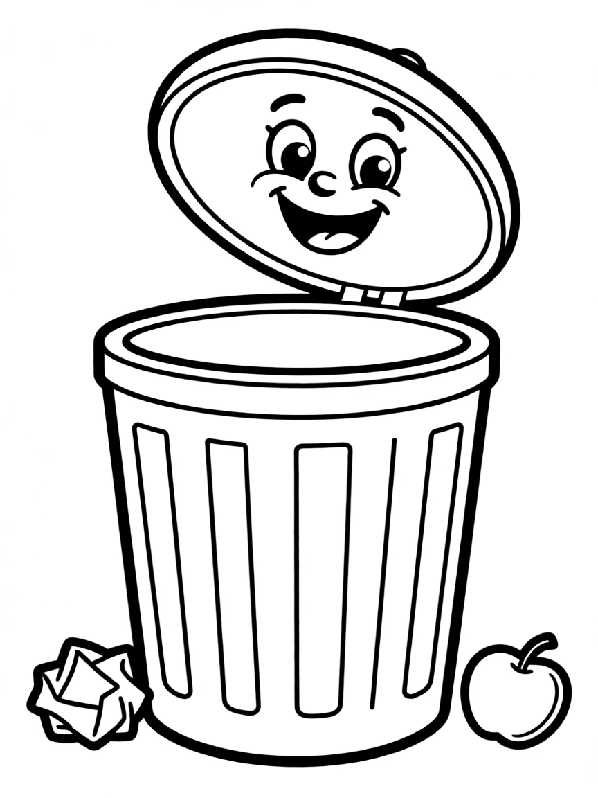 A colorful trash can with a happy lid.