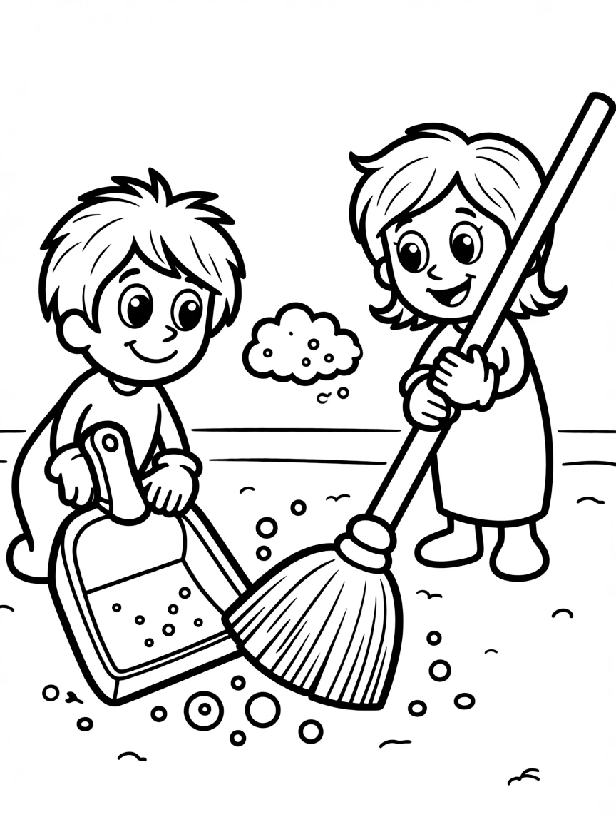 A friendly dustpan and broom sweeping up dust.