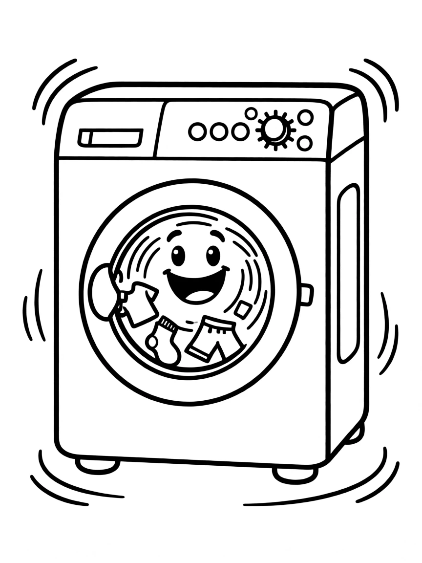 A happy washing machine spinning clothes.