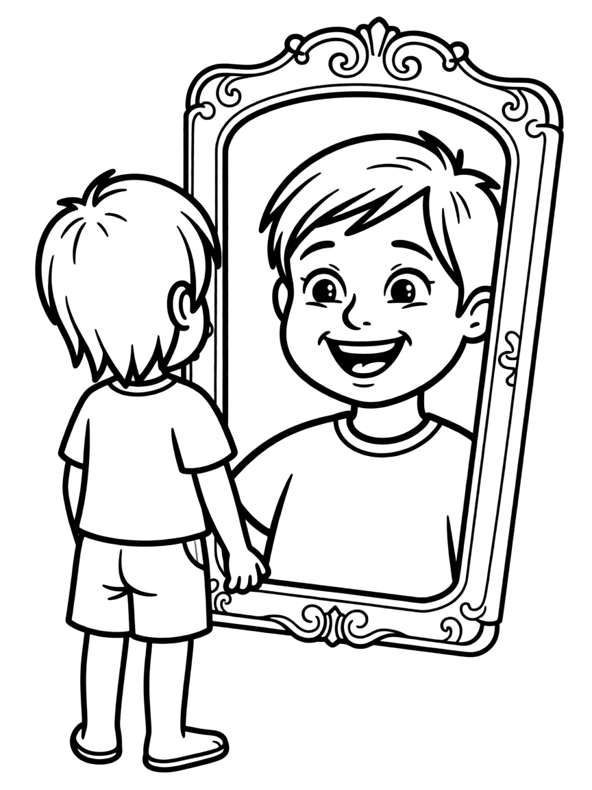 A happy mirror reflecting a smiling face.