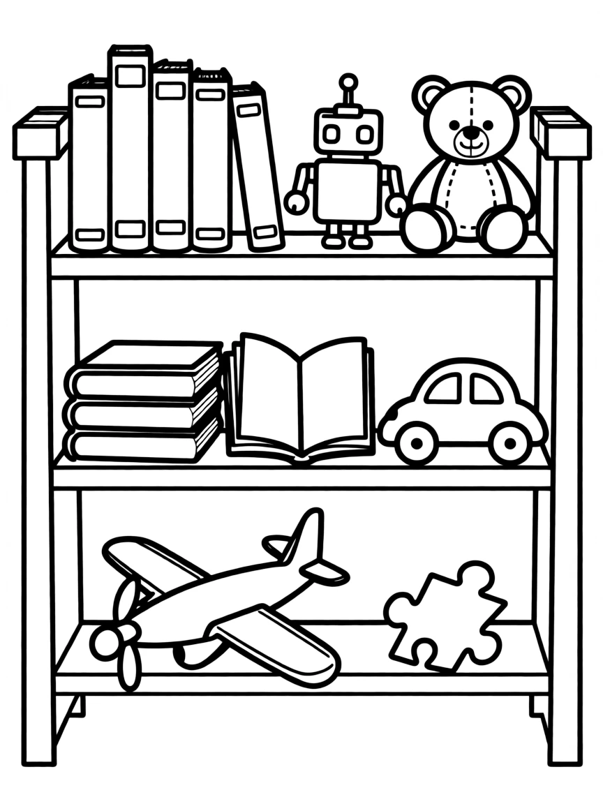 A sturdy shelf with books and toys.