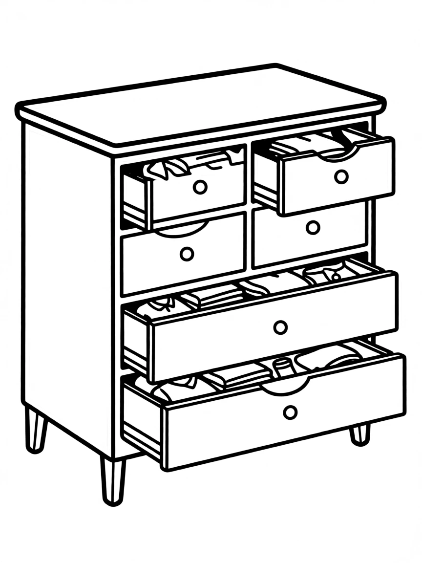 A spacious dresser with drawers full of clothes.