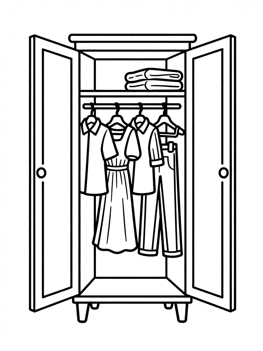 A tall wardrobe with hanging clothes.