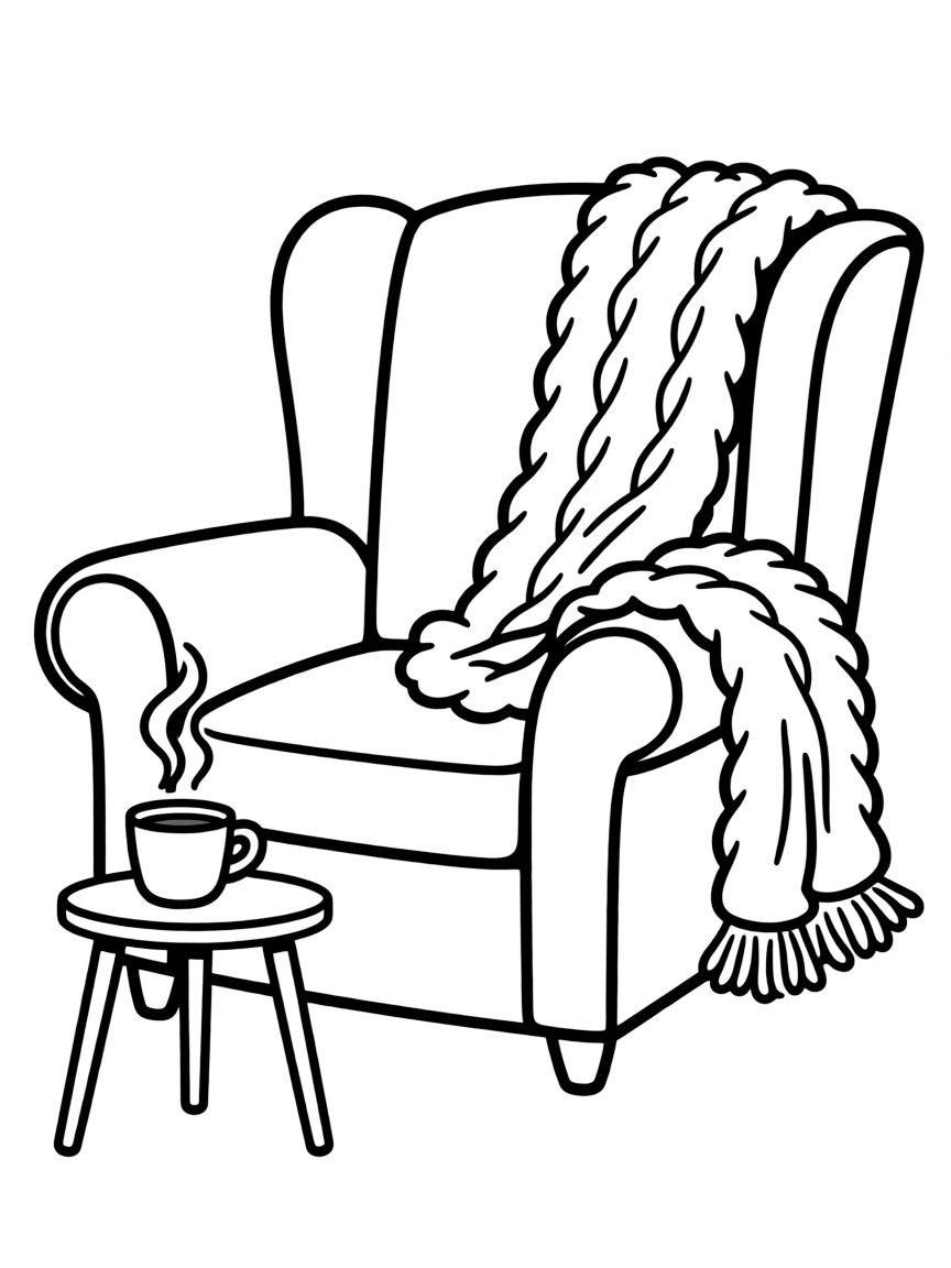 A comfy armchair with a cozy throw blanket.