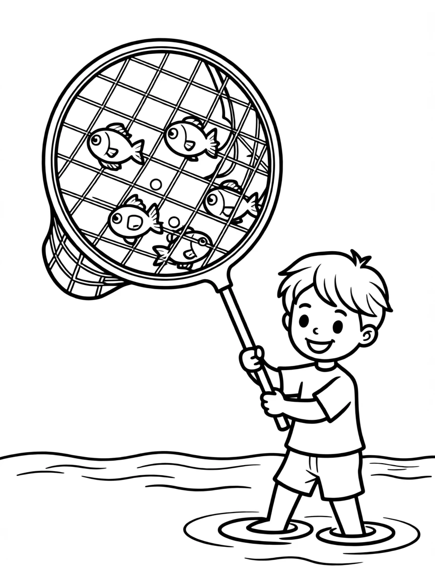 A swimming fishnet catching little fish.