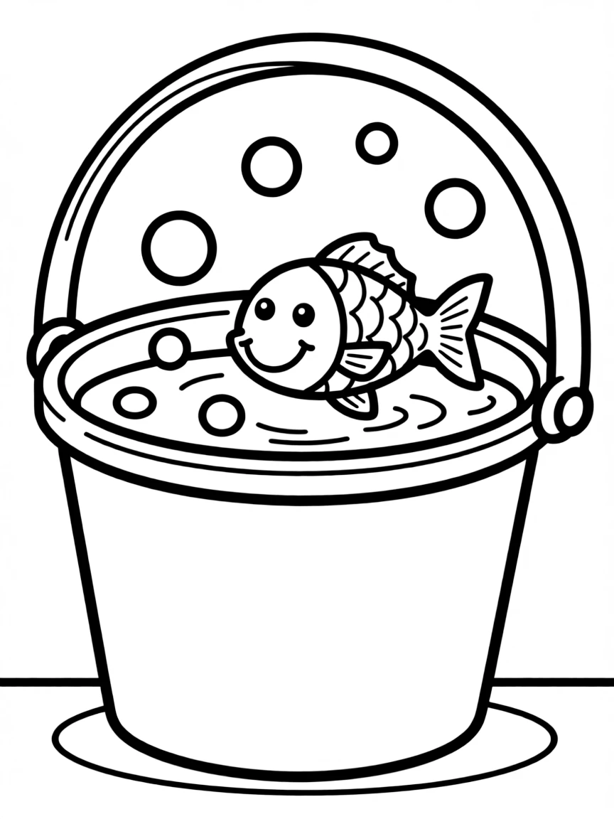 A bubbly bucket of water with a happy fish.
