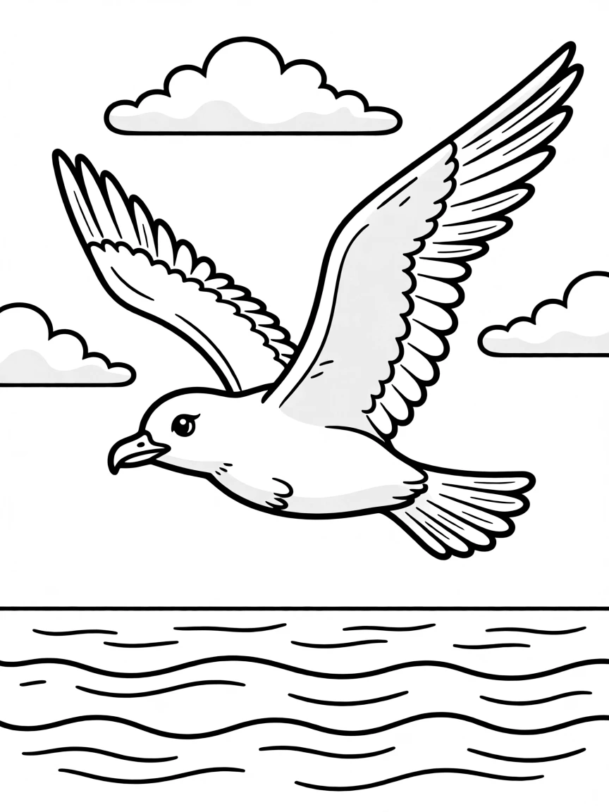 A soaring seagull flying over the ocean.