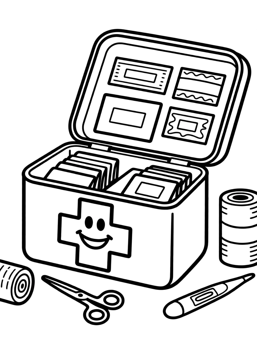 A helpful first aid kit with bandages and a happy cross.