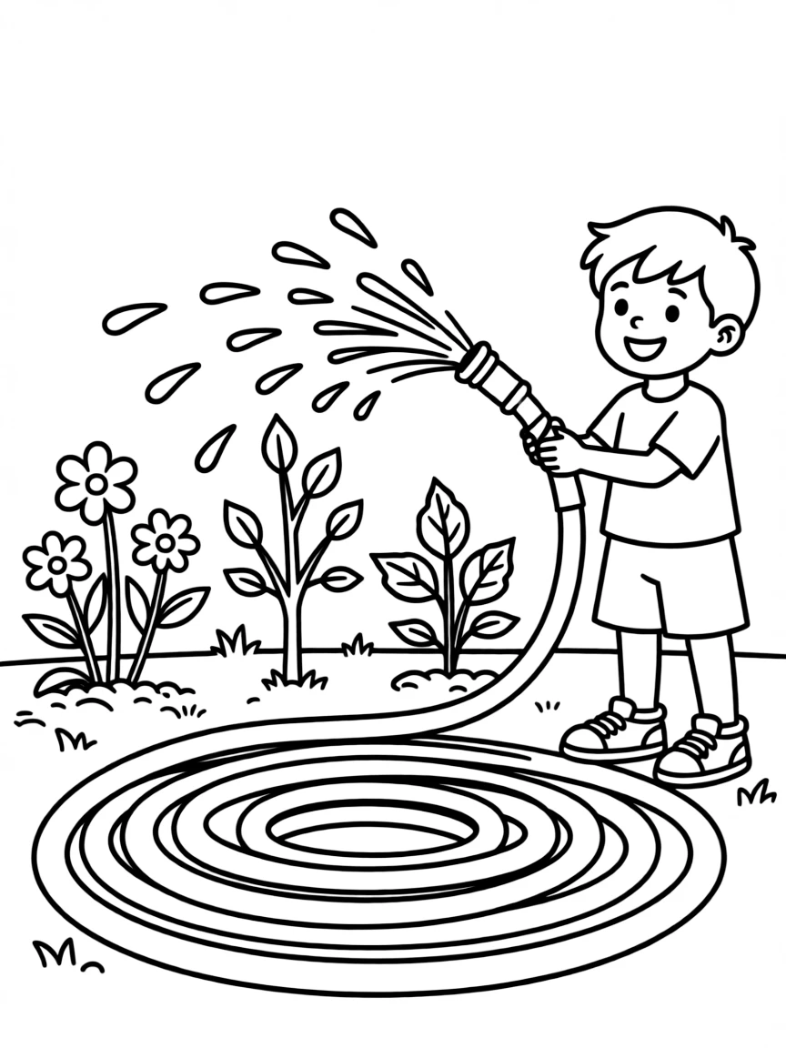 A bouncy garden hose watering plants.