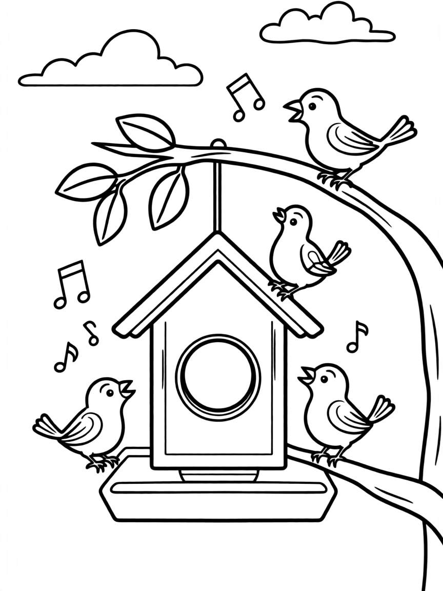 A happy bird feeder with singing birds.