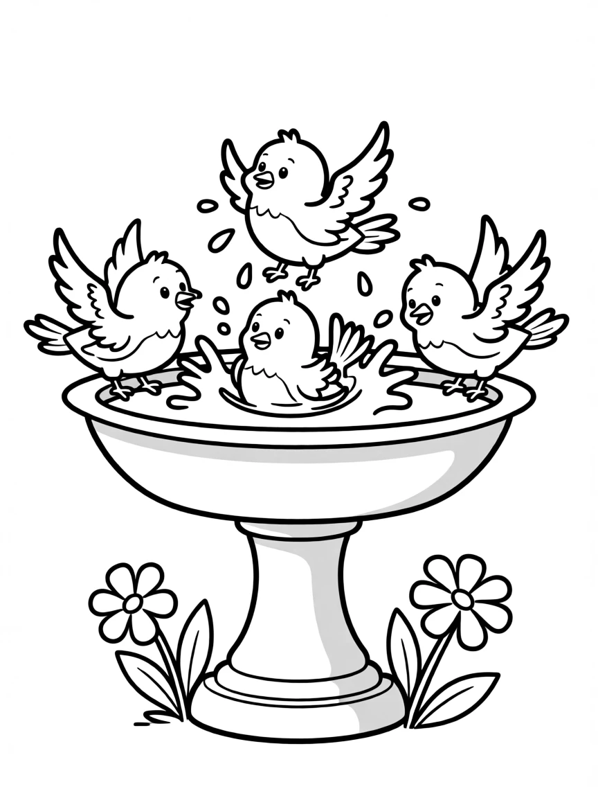 A bubbly bird bath with splashing birds.