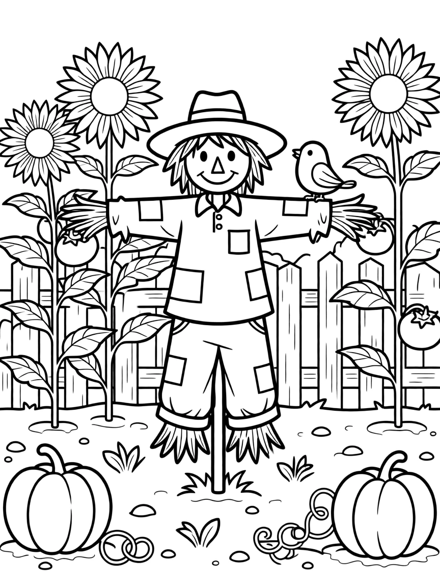 A friendly scarecrow guarding a garden.