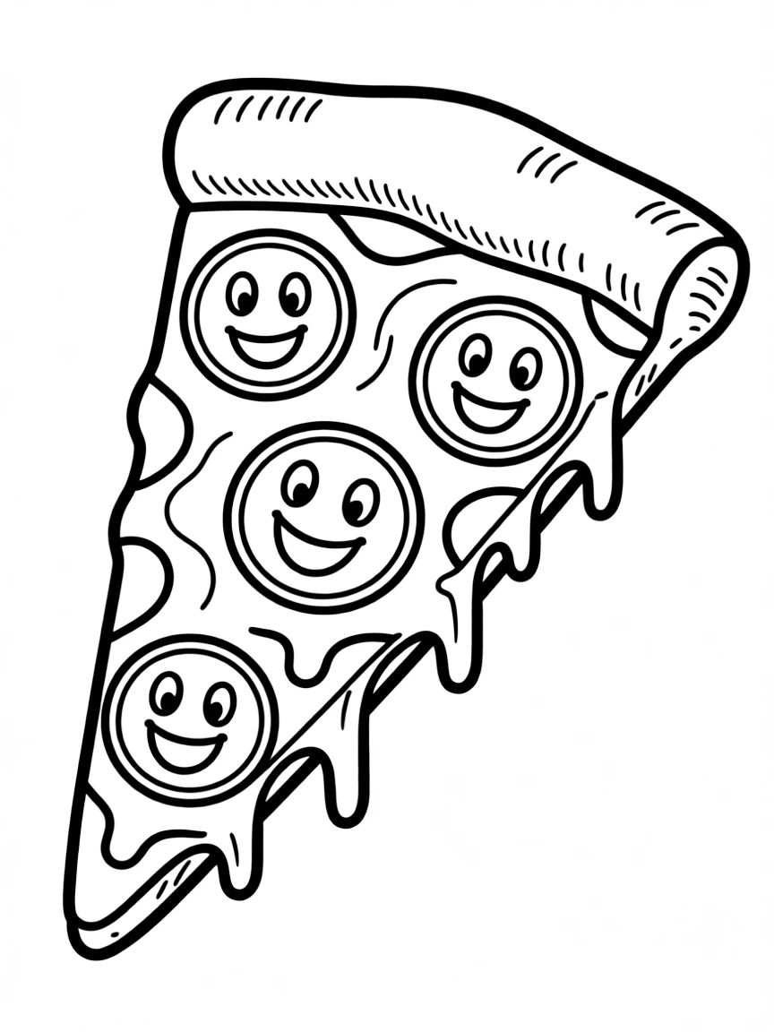 A yummy pizza slice with happy pepperoni.