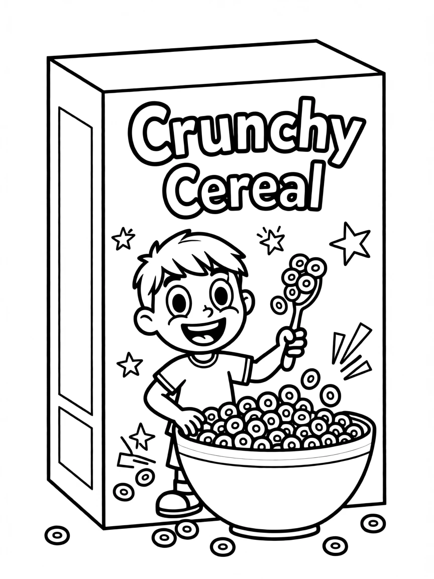 A crunchy cereal box with a happy character.