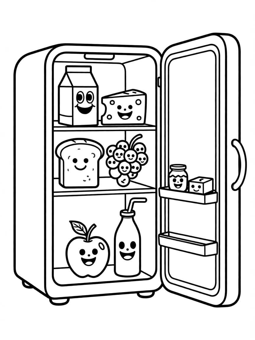A cool refrigerator with happy food inside.