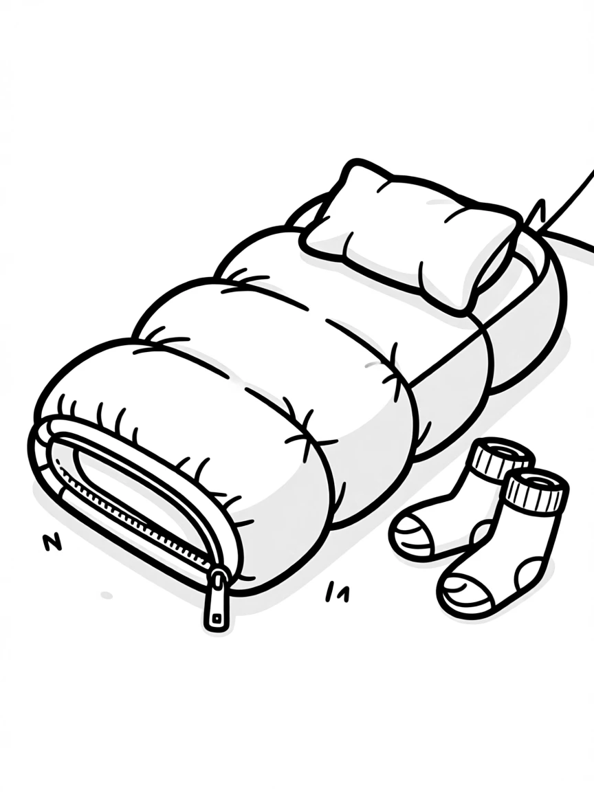 A fluffy sleeping bag rolled out for camping.