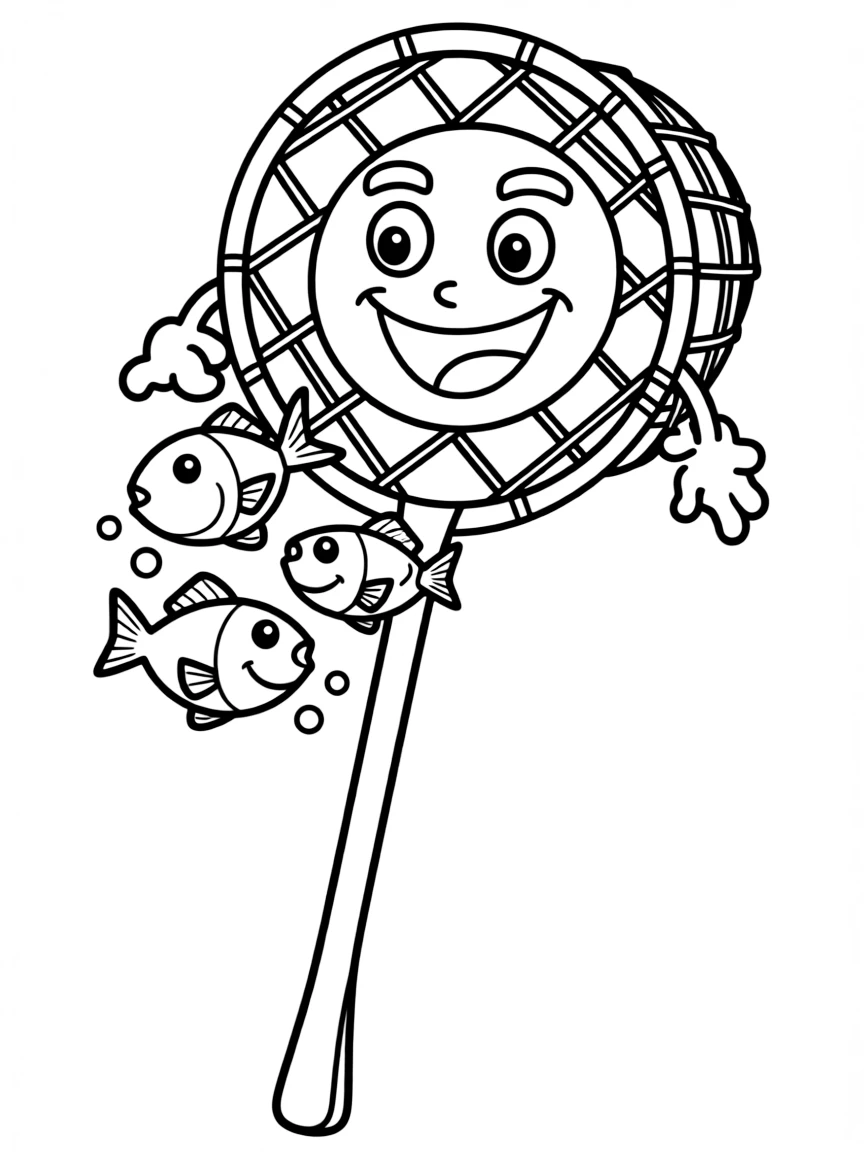 A happy fishing net scooping up fish.