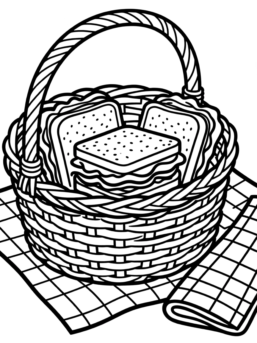 A sturdy picnic basket with sandwiches.