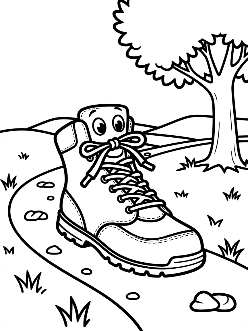 A happy hiking boot walking on a trail.