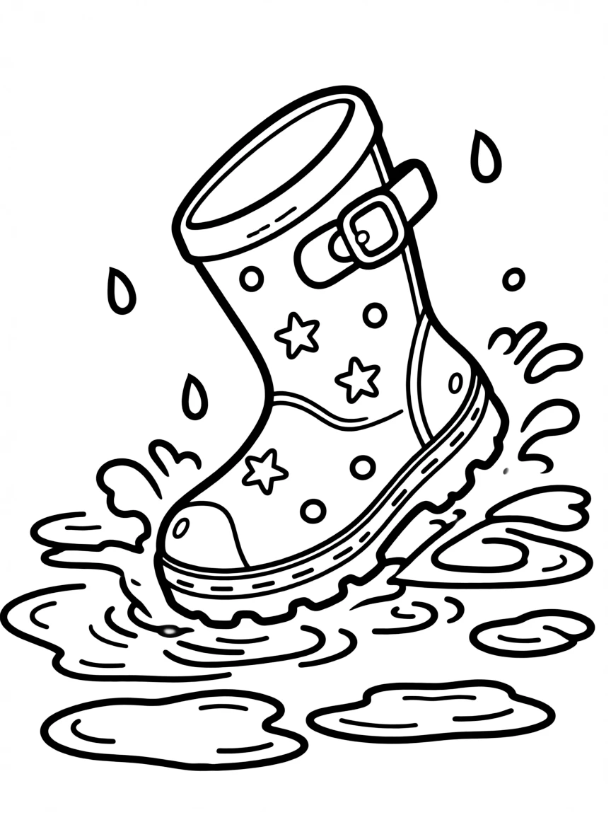 A bubbly rain boot splashing in puddles.