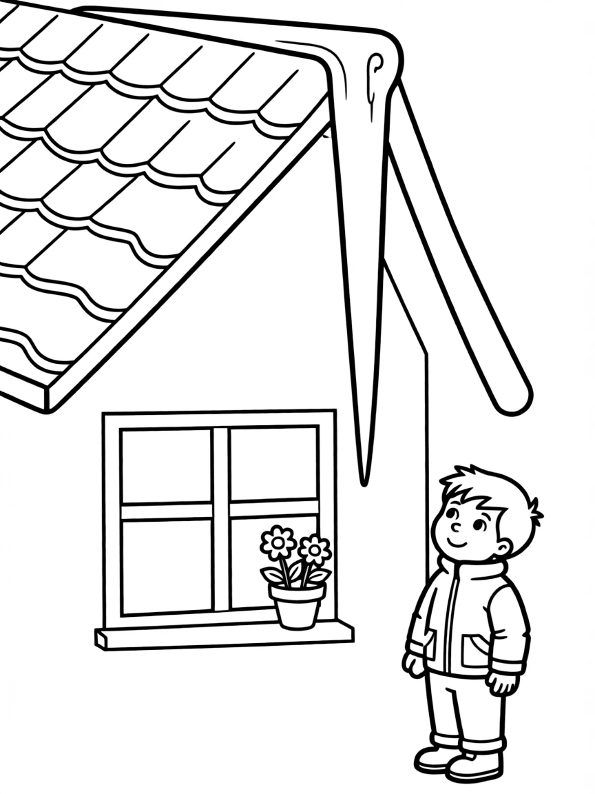 A pointy icicle hanging from a roof.