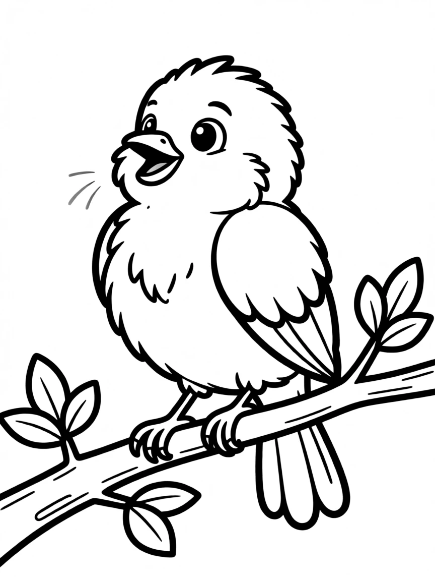 A fluffy bird singing on a branch.