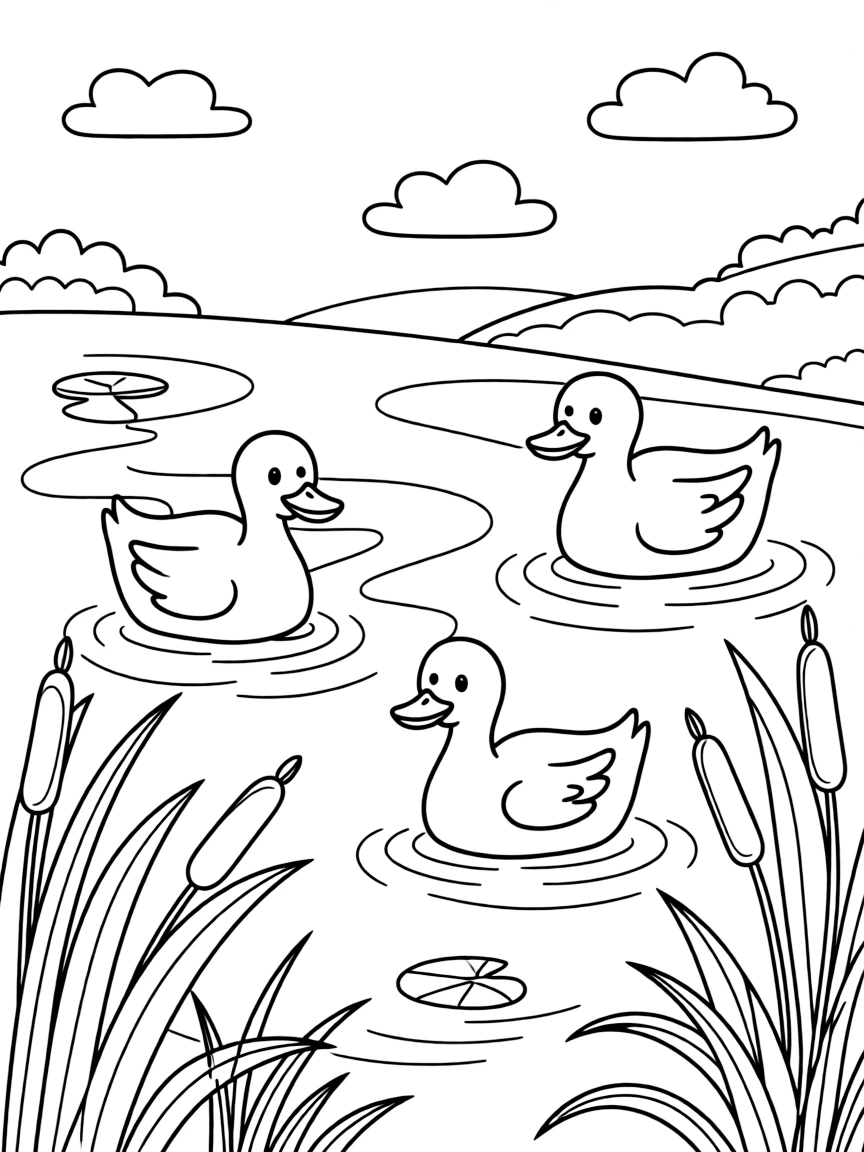 A happy lake with ducks swimming.