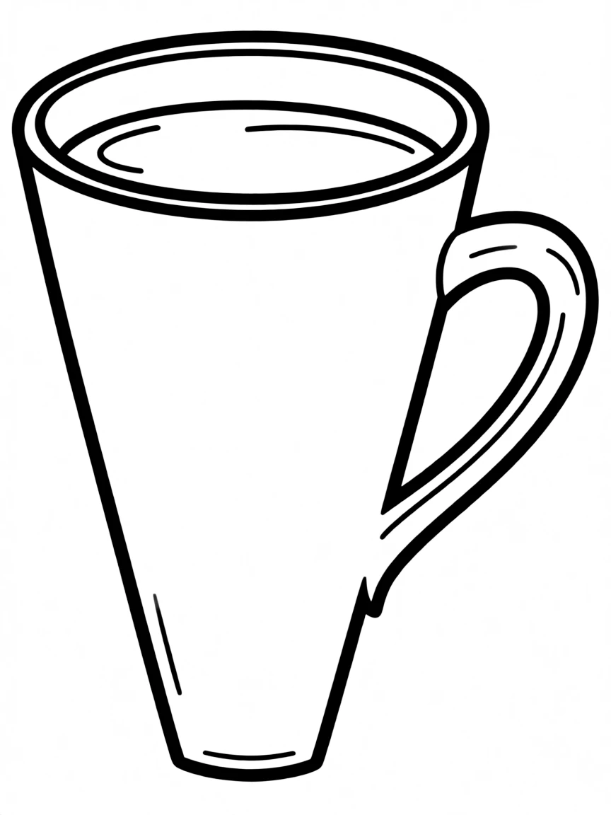 A pointy ceramic mug with coffee.