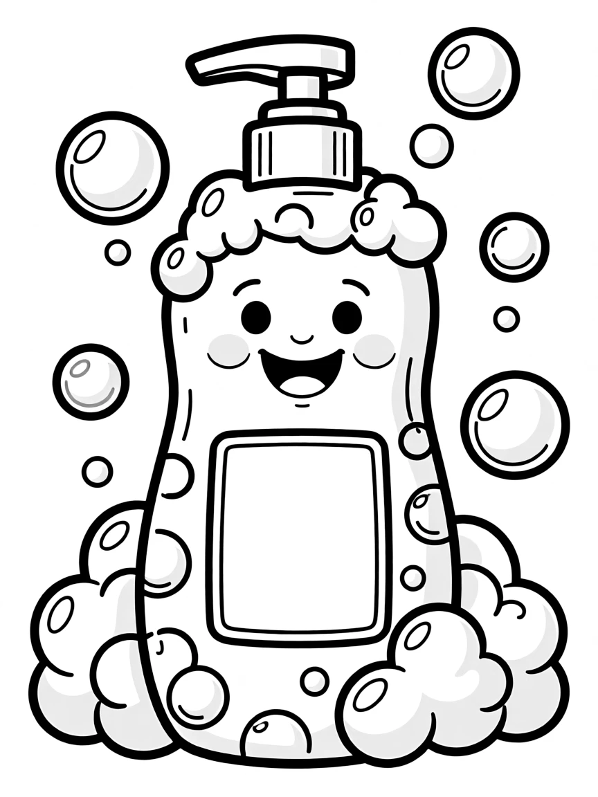 A bubbly shampoo bottle with bubbles.