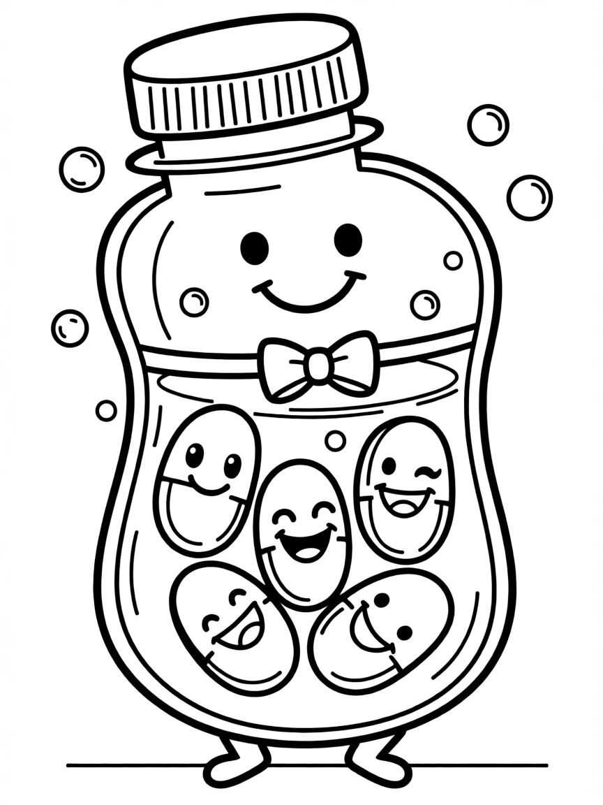 A bubbly pill bottle with happy pills.