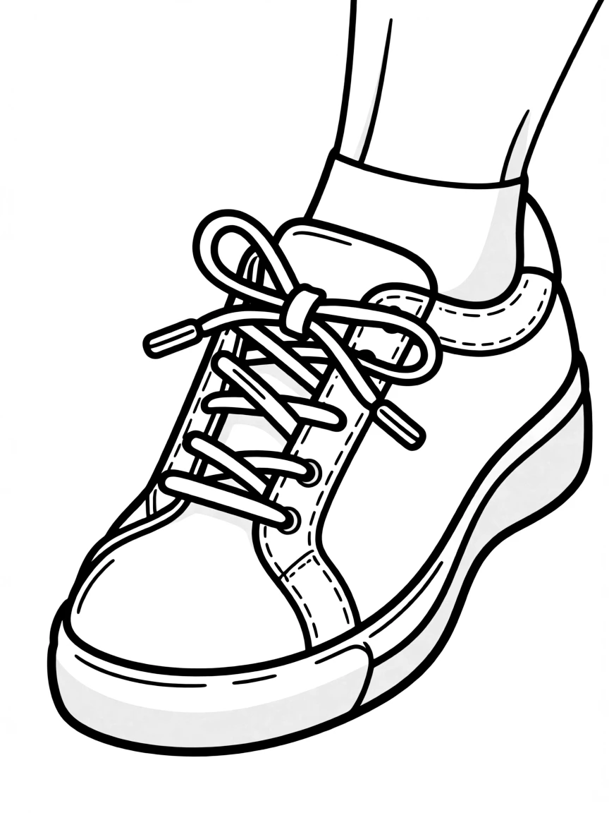 A tied shoelace on a shoe.