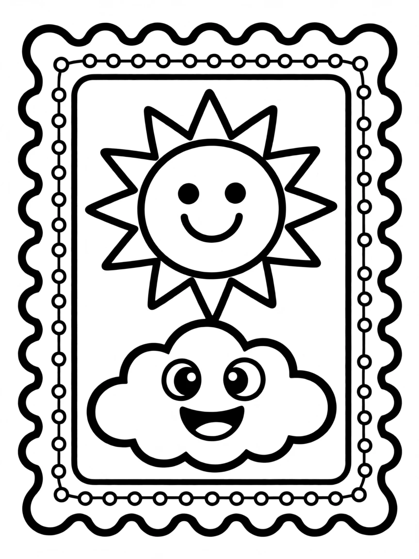 A bubbly postage stamp with a happy picture.