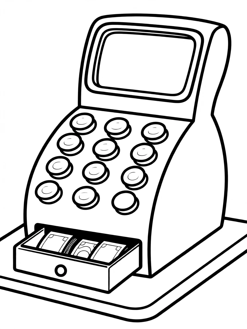 A bubbly cash register with buttons.