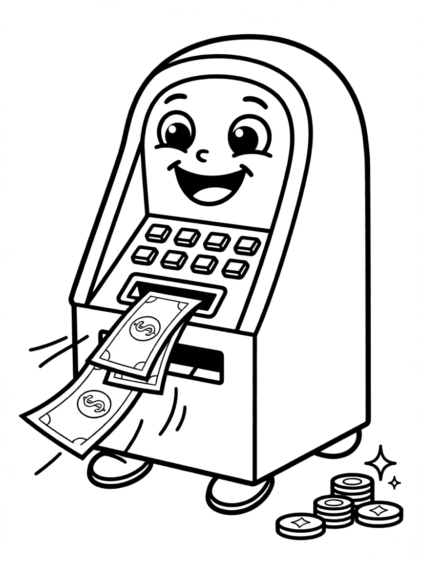 A bubbly ATM machine dispensing money.