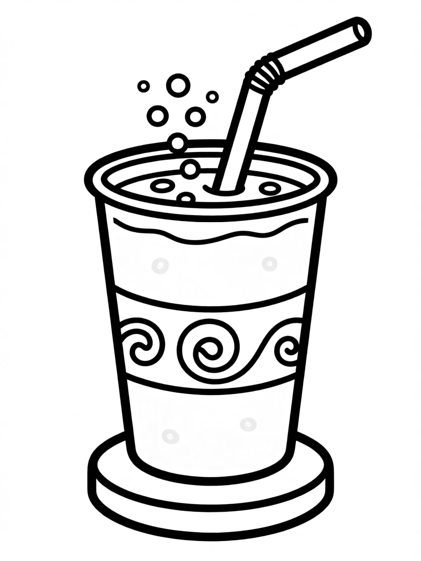 A fizzy soda cup with a straw.