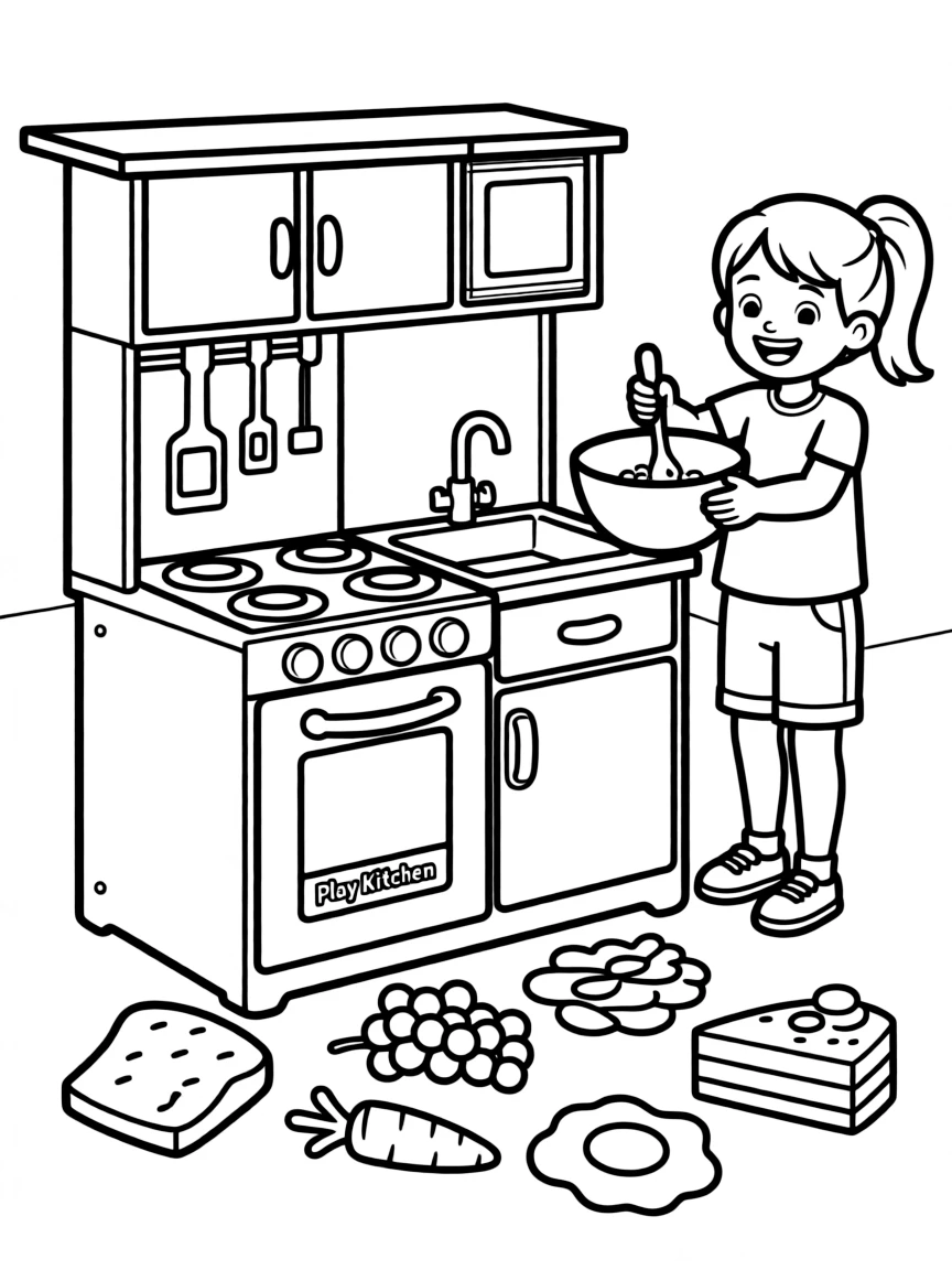 A strong toy kitchen with play food.