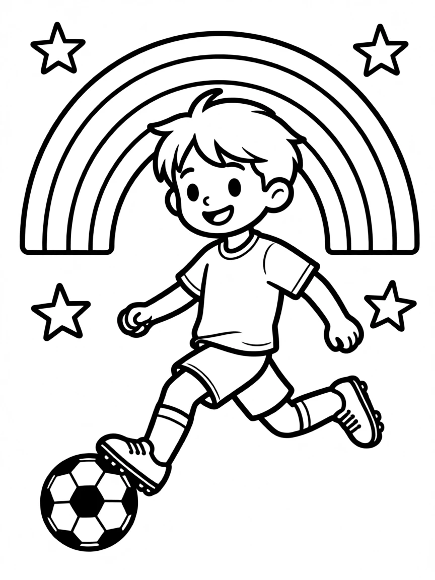 A happy little soccer player kicking a soccer ball, with stars and a rainbow in the background.